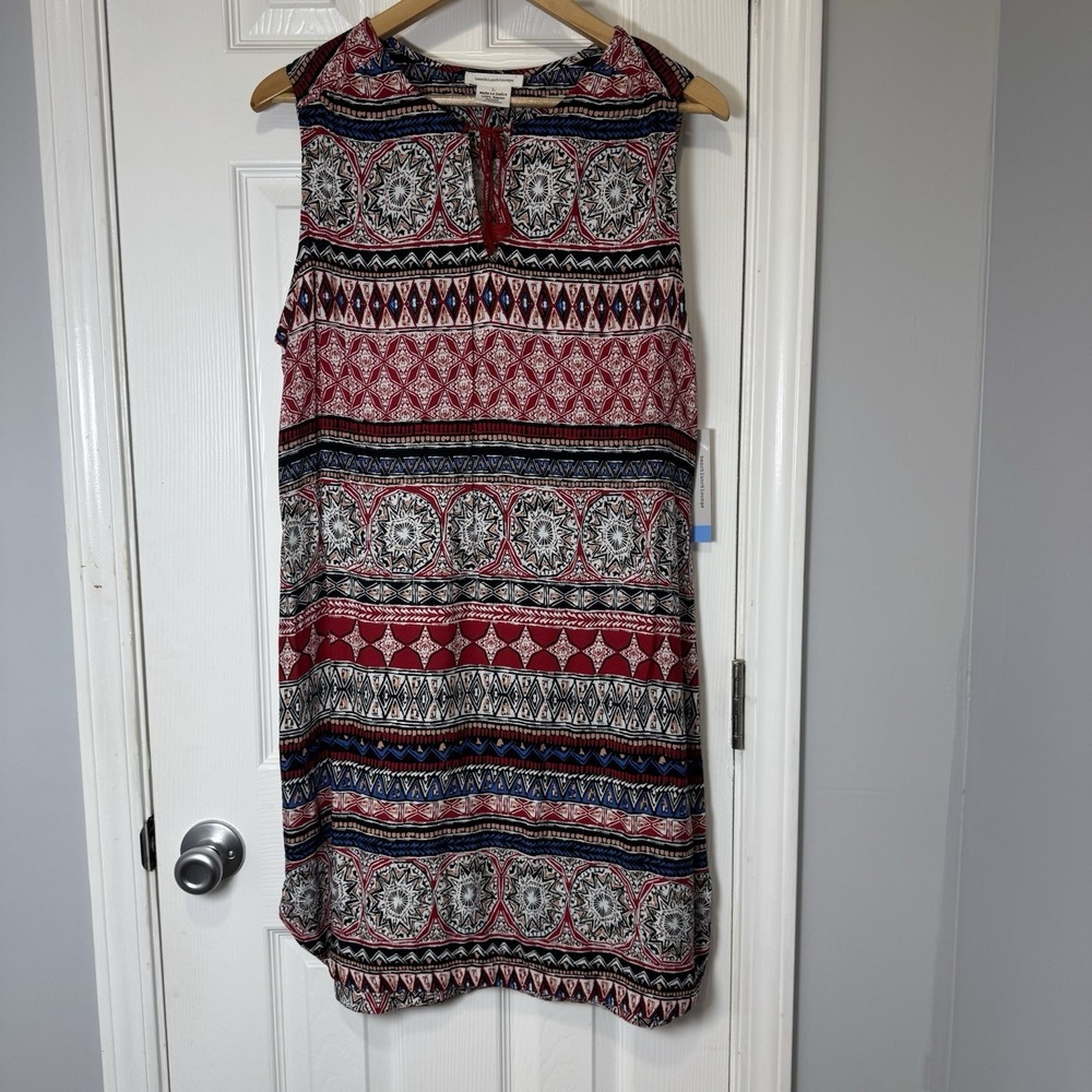 Beach Lunch Lounge Sleeveless Dress Womens Sz L Red Blue Print Rounded Hem Ties